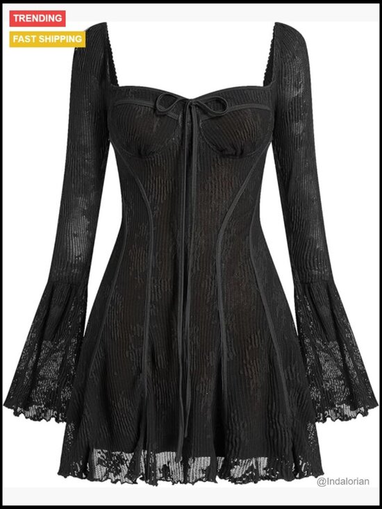 Dresses & Skirts - Long Sleeve Corset Mini Dress with Floral Lace and Ruffle Hem